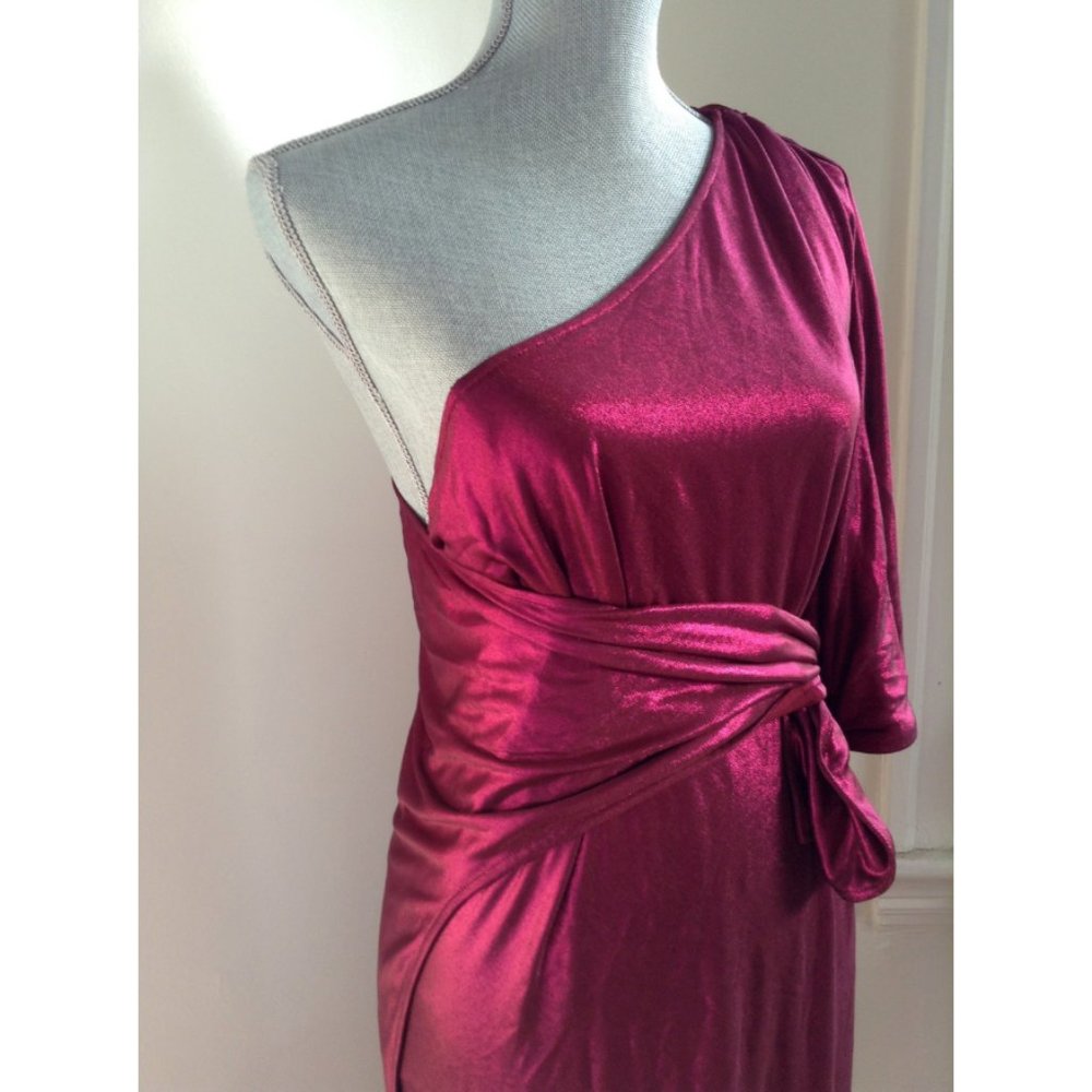NWT $525 Halston Heritage One Shoulder Wrap Bordeaux Pink 70's Lamé Dress Sz 2 8 - Picture 7 of 14